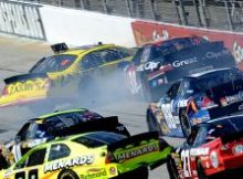 Drivers collected in the final caution of Saturday were Clint Bowyer, Denny Hamlin, Kasey Kahne, Chad McCumbee, Trevor Bayne, Brendan Gaughan, Mike Bliss, Greg Biffle and Paul Menard. Credit: Jeff Zelevansky/Getty Images for NASCAR
